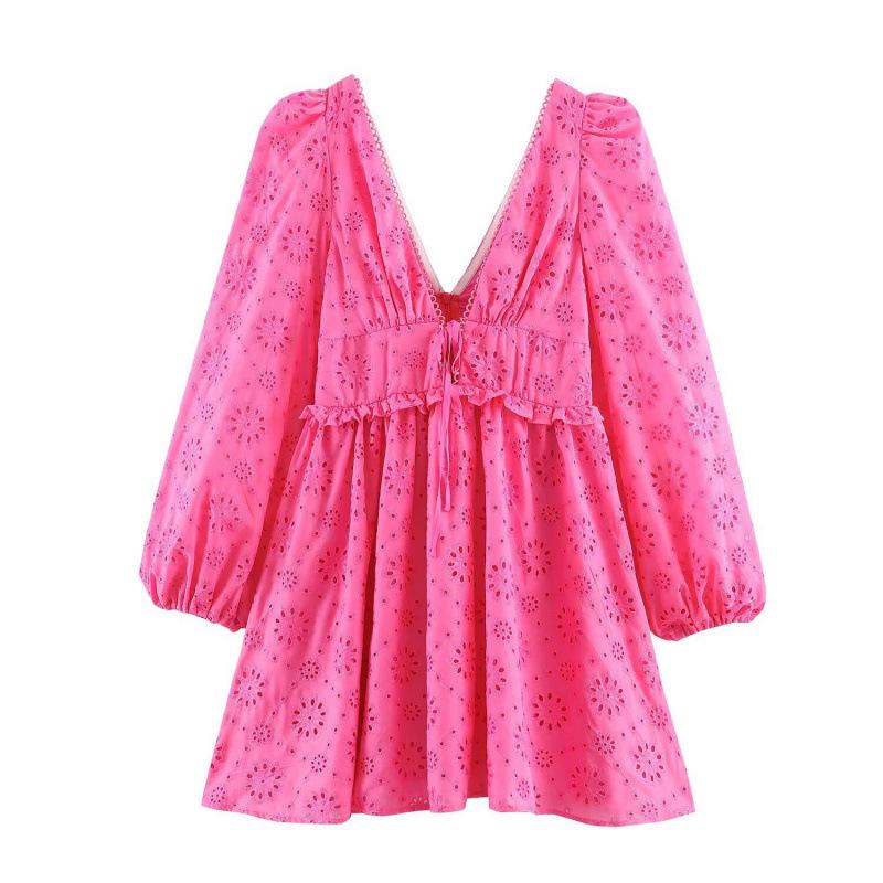 Spring 2026 European-American Style V-neck Embroidered Long Sleeve Loose Dress L