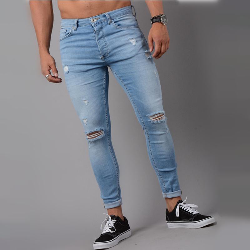 Pánská móda Sexy Slim Fit Spodní tužkové kalhoty Denim Dírky na kolenou Roztrhaný Street Style Skinny džíny