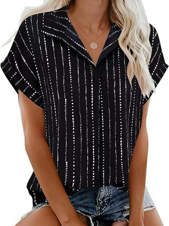 2026 Spring/Summer Retro Slim Fit Striped Lapel Short Sleeve Women's Shirt