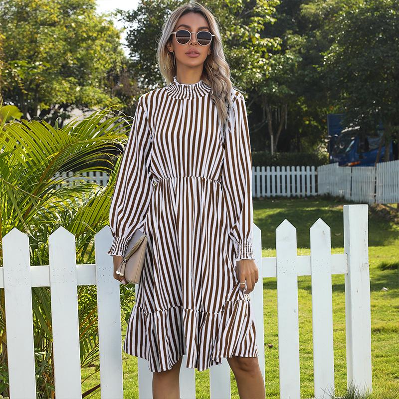 

Женские повседневные платья YYFS с длинным рукавом в винтажную полоску и принтом XL кофейный