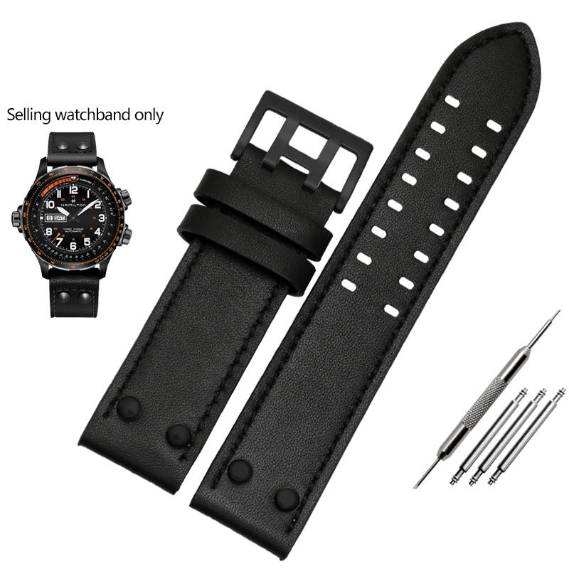 JEDNA Pasek do zegarka ze skóry naturalnej dla serii Hamilton Khaki Aviation Field Męski Pasek do zegarka Bransoleta z nitami Pasek Brązowy 20mm 22mmMN