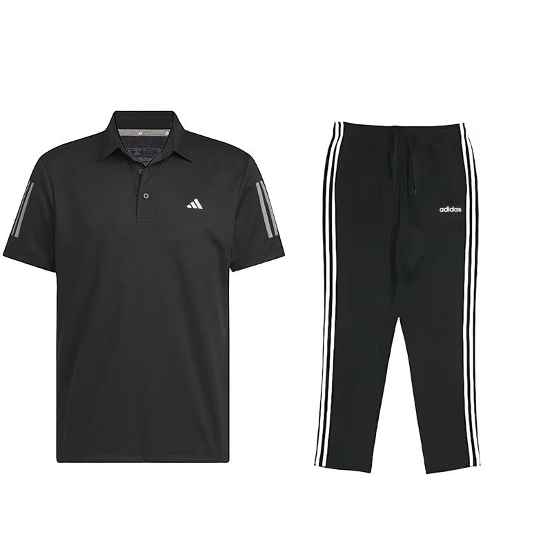 

Удобная рубашка поло с коротким рукавом и логотипом Adidas, цветные полосатые трикотажные длинные брюки, повседневный спортивный комплект, комплекты унисекс, черный цвет IN6629+DU0456 XS