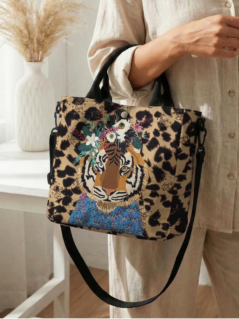Bolso de Lona Estampado de Leopardo Floral Tigre con Correa Desmontable Bolso Cruzado para Mujer Compras Diarias