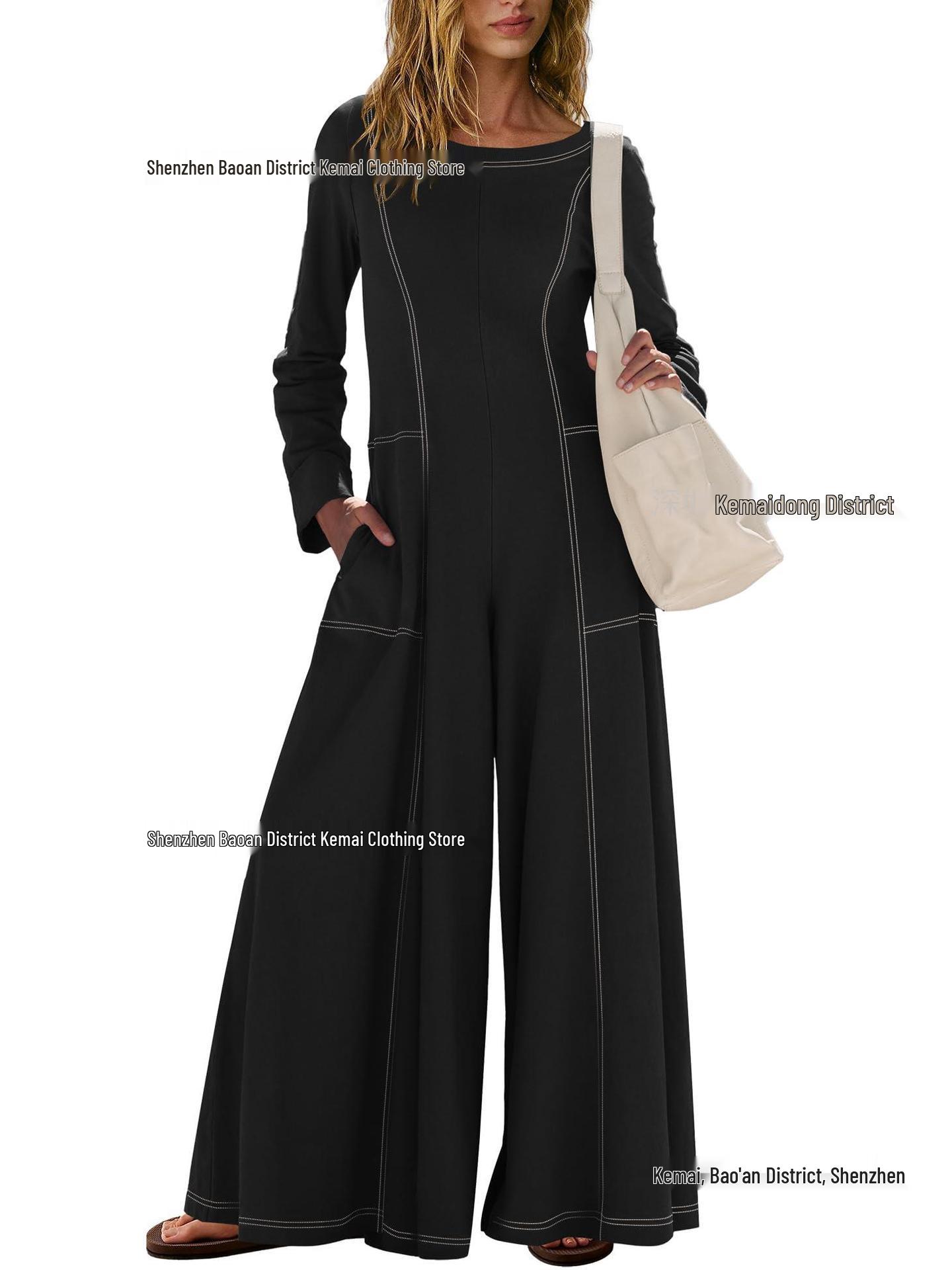

European & American Autumn Fashion Women s Casual Striped Color Block Wide-Leg Jumpsuit with Long Sleeves S чорний