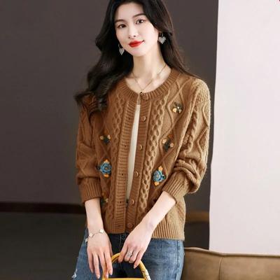 Embroidered Sweater Jacket Women's Short Loose Knitted Cardigan Round Neck Floral Thread Long-sleeved Top