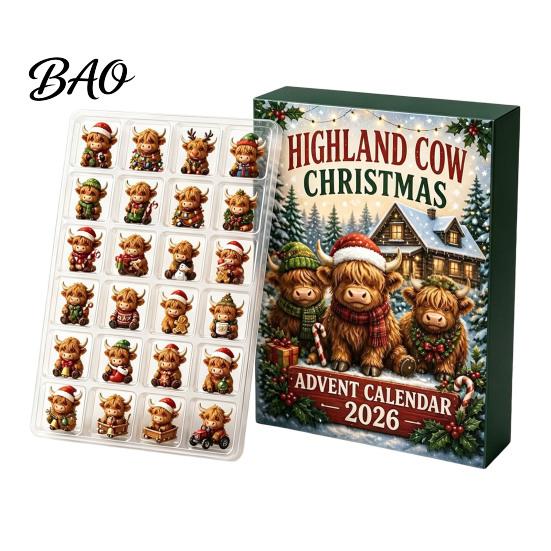 Daily Window Opening Gift 2026 Highland Cow Christmas Advent Calendar, 24-Day Acrylic Countdown Ornament Set with Travel Companion Play Mini Figures,