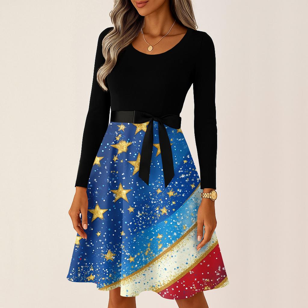 Ladies' Casual And Fashionable Round Neck Long Sleeved Retro Independent Day Print Retro Dress