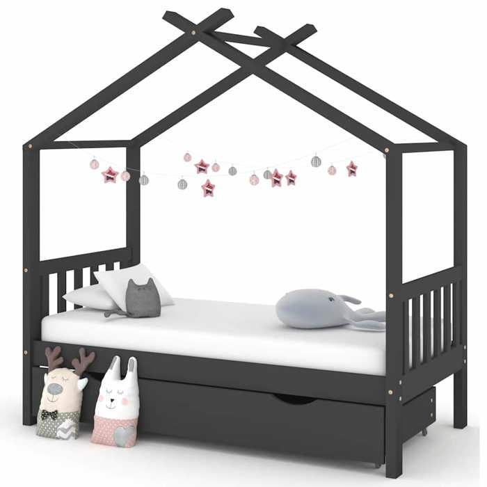 VidaXL Children's Bed Frame with Drawer Dark Grey Solid Pine 80x160 Cm, Wooden Bed Frame for Child, Bed, Bed for 322152