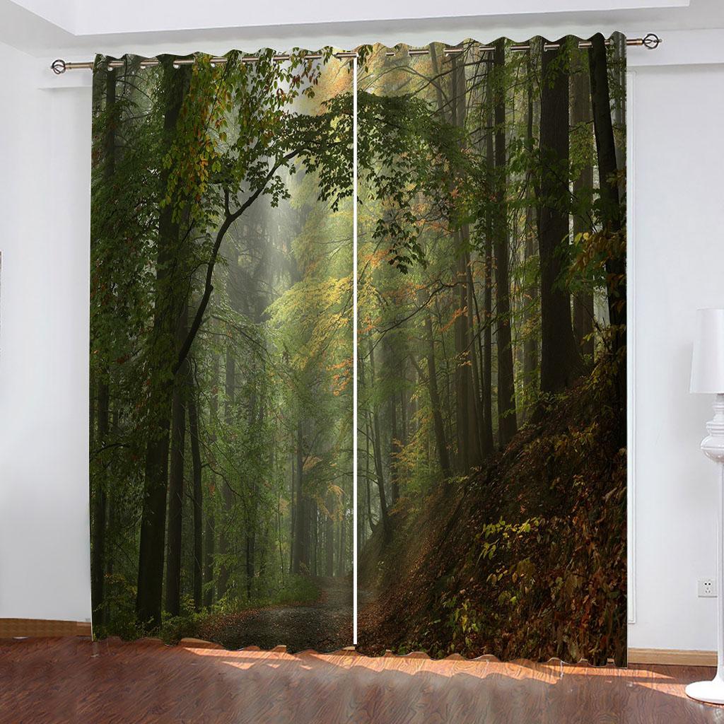Spring Green Forest Series Luxury Sunshade Curtains 2 Pieces of Living Room Bedroom Home Decoration Hook Punch