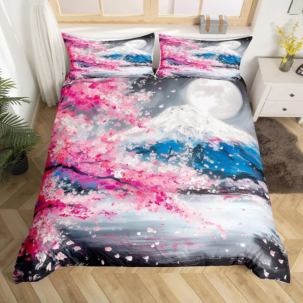 Japanese Landscape Duvet Cover Set for Teens Adults Queen Quilt Covers Lightweight Down 2 Pillowcases 1 Duvet Cover No Comforter