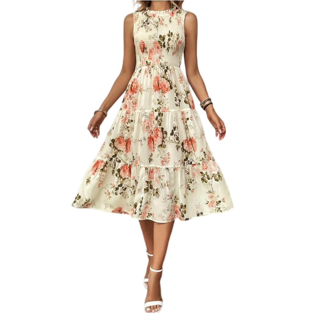 Women Sleeveless Crew Neck Ruched High Waist Floral Print Midi Dress Elegant Casual Loose Fit Sundress for Daily Wear