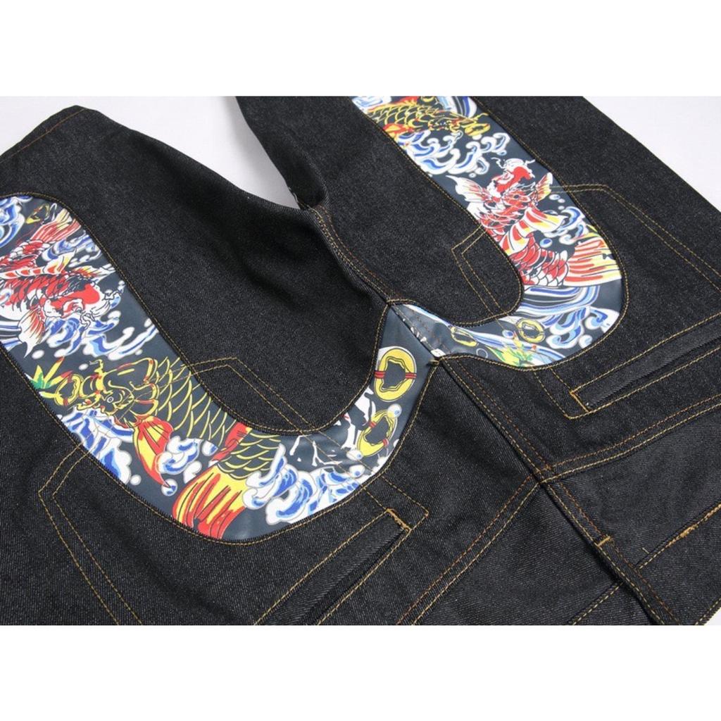 RogueWave Pantaloncini Denim Uomo Neri Hiphop Jeans Pantaloni Fiori di Ciliegio Totem Drago Lavati Cerniera pantaloncini