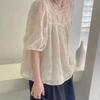 Lace Embroidered Short Sleeve Women Shirts Summer Square Neck Vintage Puff Sleeve Blouse Women Loose French Elegant Tops 27950