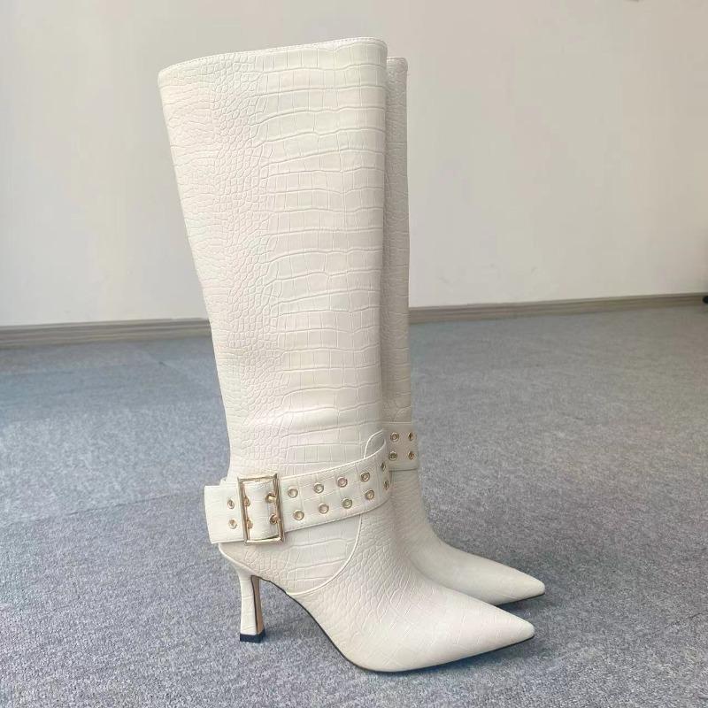 Fashion New Beige Belt Buckle Rivet Decoration Knee High Boots European American Fashion Women's Zipper High Heel Long Boots Size 36-41