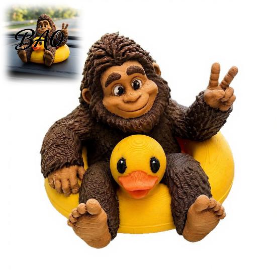 Miniature Sasquatch Figure And Duck Figurine, on Swimming Ring Statue, Playful Tabletop Accent Funny Animal Statue for Home Shelf Decor Creative