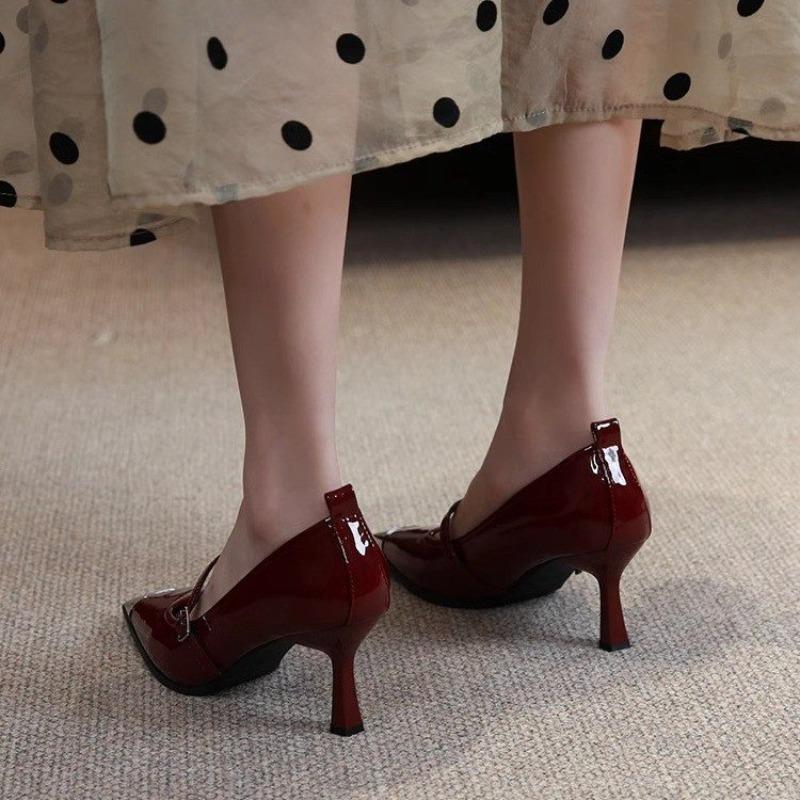 Women High Heel Pointed Toe Sexy Shoes Fashion Design New Luxury Thin Heel Shallow Patent Leather Sandals Buckle Single Shoes