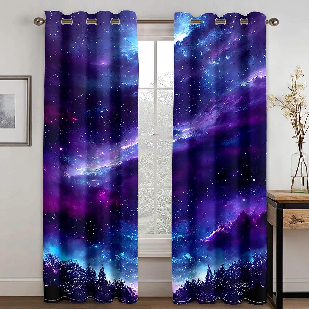 Green Aurora Curtains Night Stars Moon Curtains Living Room Bedroom Home Decor Curtains 2 Panels
