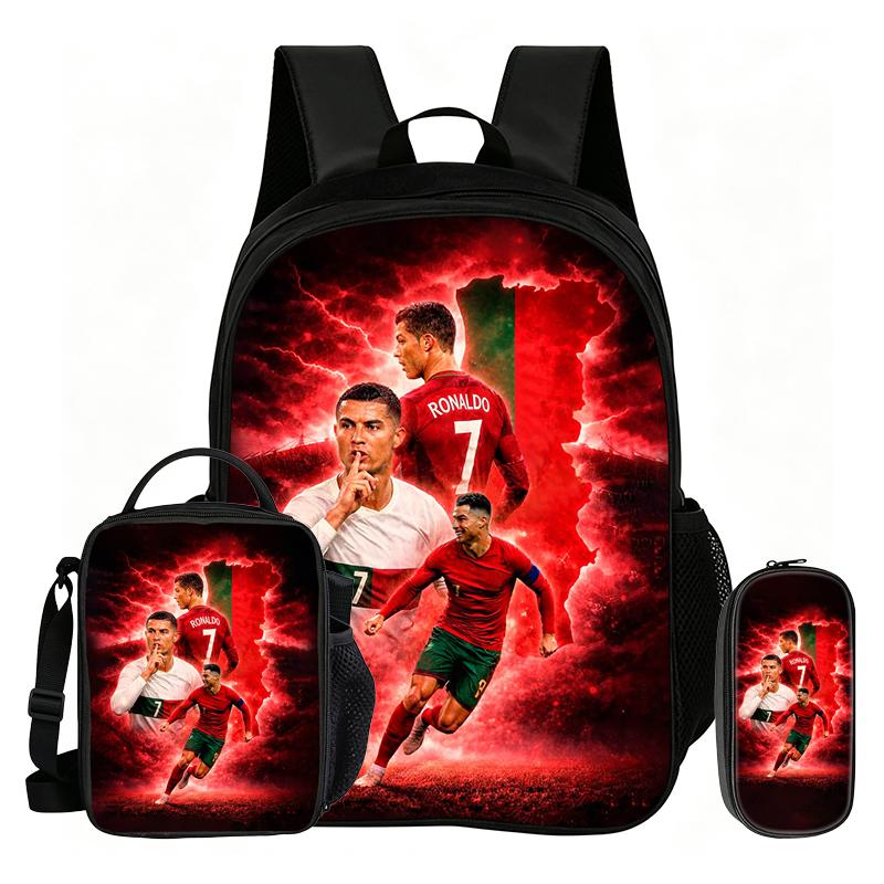 Ronaldo 3Pcs Set School Backpack Football Sport Backpack,Pencil Bags,with Lunch bag,Football Star Bookbag Knapsack