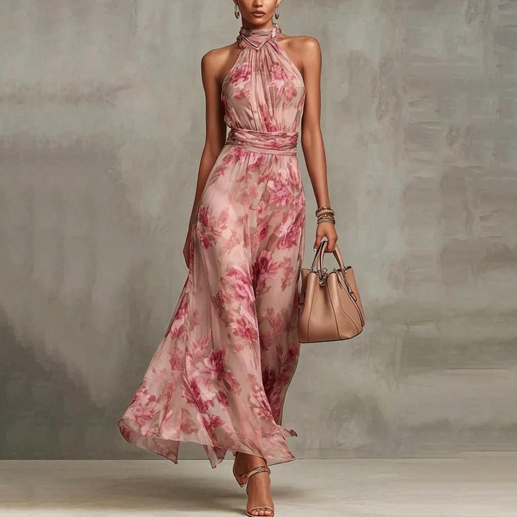 Women Floral Print Halter Neck Chiffon Maxi Dress Sleeveless Waist Pleated Long Dress Summer Vacation Style