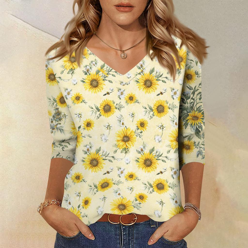 Women's Fashionable Casual V-Neck Three-Quarter Sleeve Printed T-Shirt Top