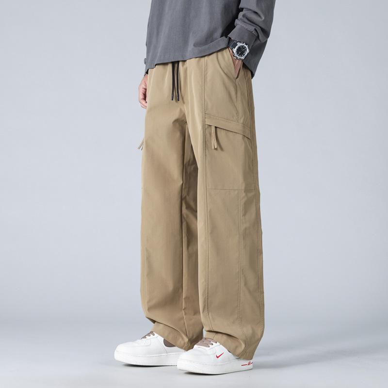 Men Cargo Drawstring Casual Pants Loose Wide Leg Elastic Waist Lightweight Outdoor Street Trousers
