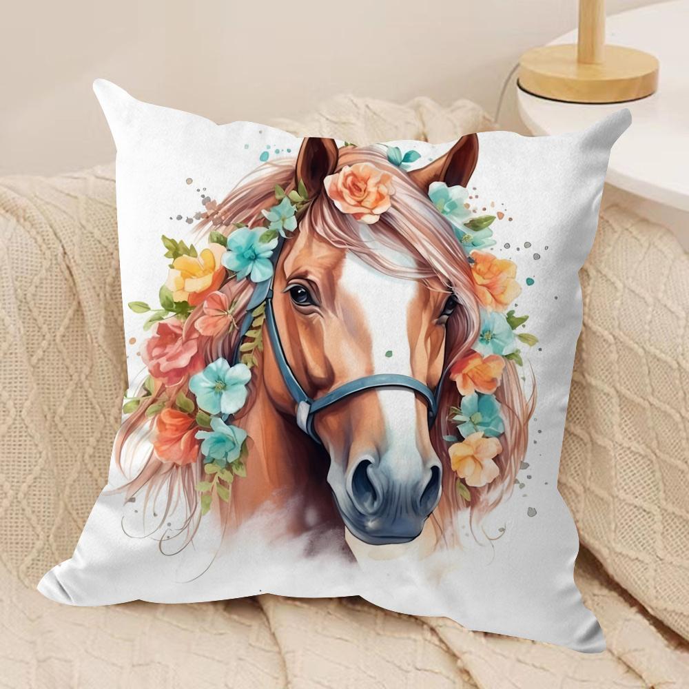 Watercolor Horse  Floral Cushion Cover Soft Plush Fabric DoubleSided Printed Cushion Covers for All Seasons Modern Home Decor