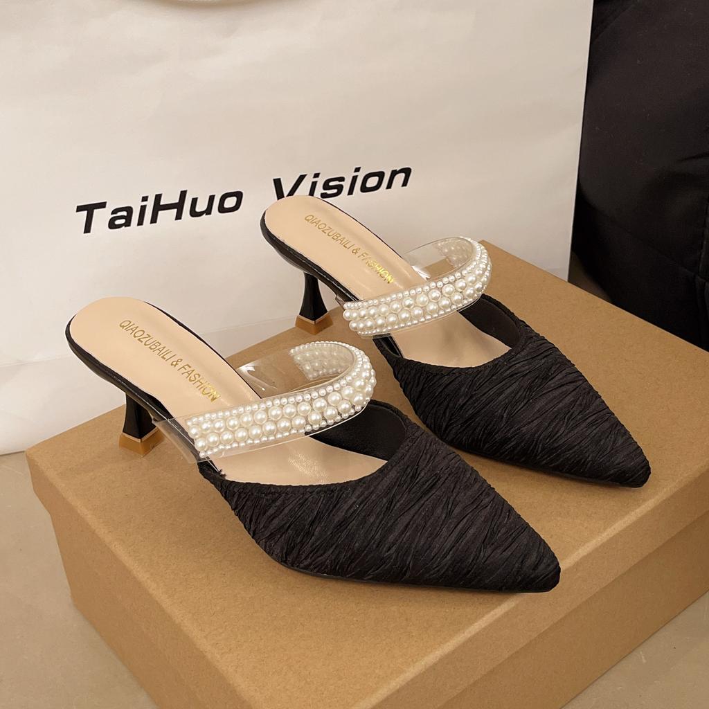 Baotou slippers women's summer wear 2025 pointed tip thin heel rhinestone soft leather comfortable high heel sandals half tray women's shoes