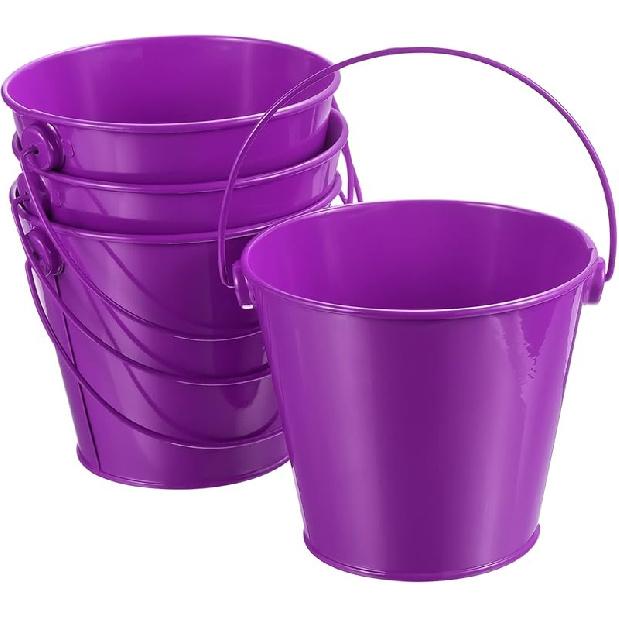 PATIKIL 4.7 Inch Colored Metal Buckets, 4 Pack Pencil Holder Buckets Round Metal Planter Pails Container with Handles for Classroom Crafts, Light