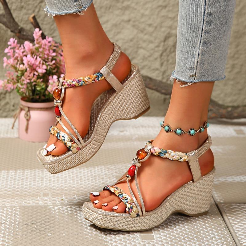 Women’s Bohemian Elastic Strap Wedge Sandals Comfortable Summer Shoes