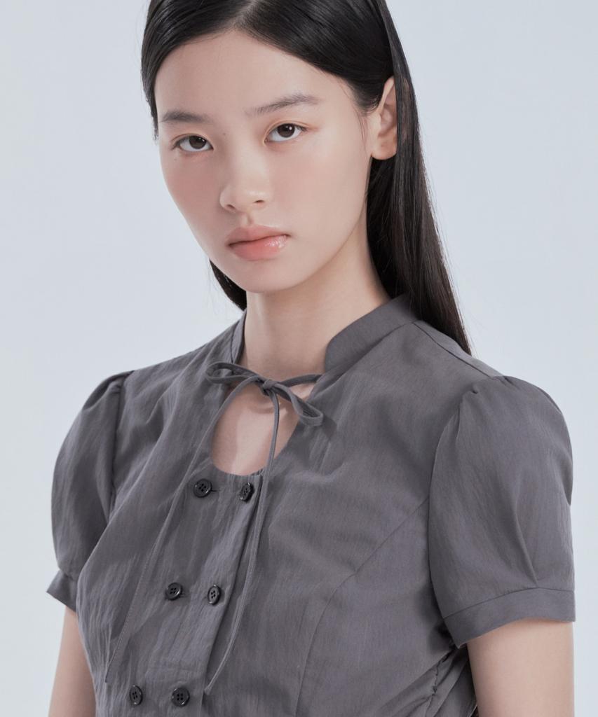 Mausolleum String Tie Double Button Blouse - Gray