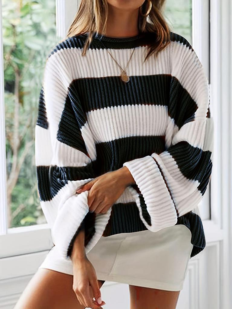 Retro Color Block Striped Sweater - Autumn/Winter Loose Round Neck Knit Pullover
