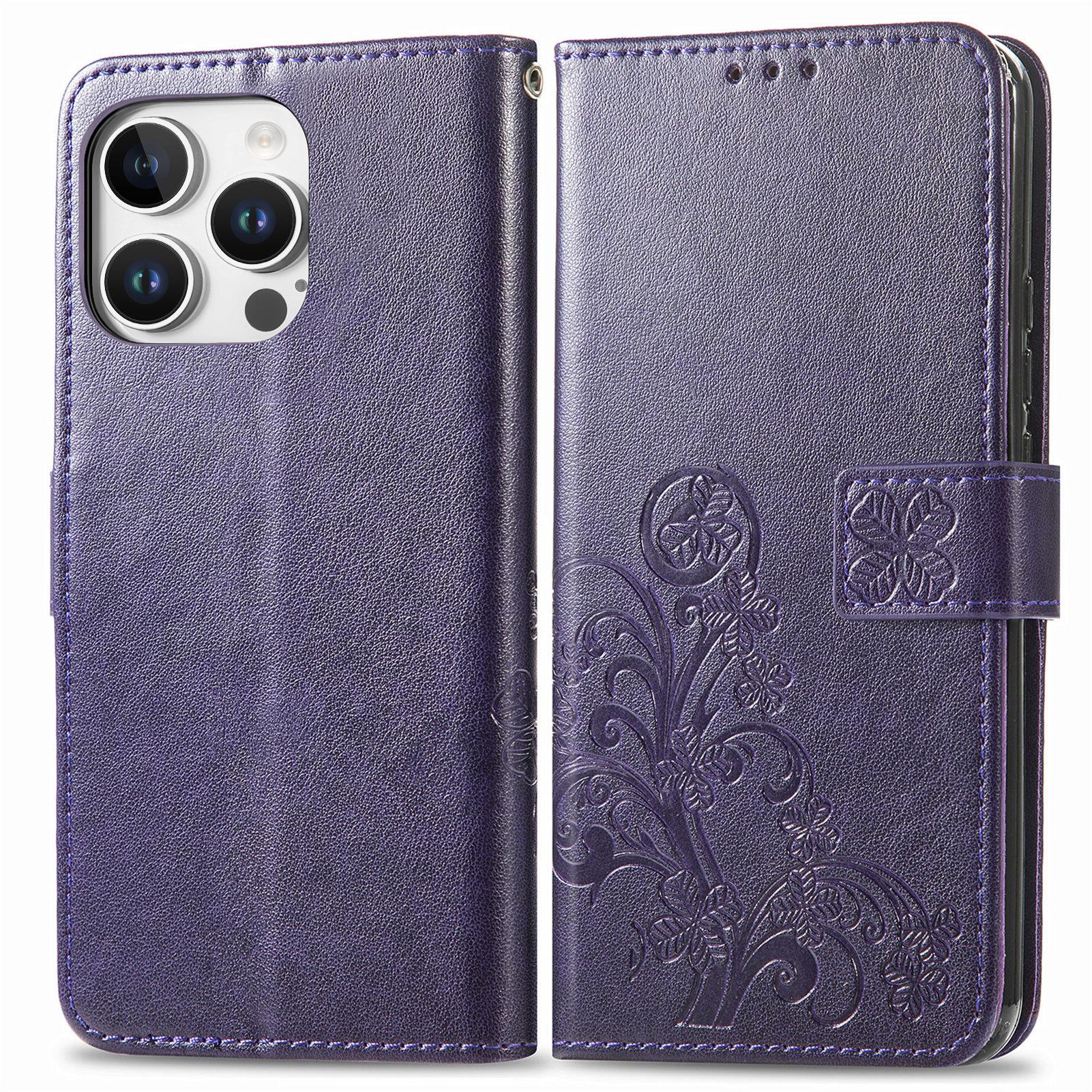

For iPhone 16 Pro Leather Case Four-Leaf Clover Phone Wallet Cover Purple
