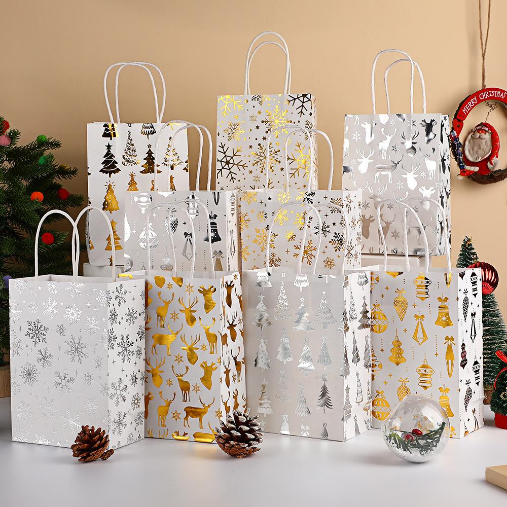 Christmas White Kraft Gift Bag with Gold Silver Snowflake, Bell, Christmas Tree, Reindeer Pattern Holiday Party Gift
