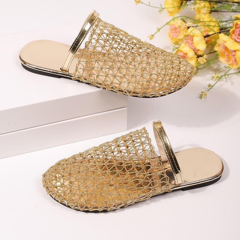 Fashion Summer Baotou Half-drag Women's Round Toe Deep Mouth Comfortable Fashion Versatile Hollow Mesh Beach Flat Shoes