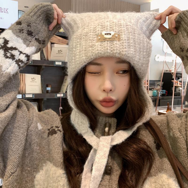 Cute ear hat women's autumn and winter warm windproof knitted hat sweet versatile ear protector small wool hat