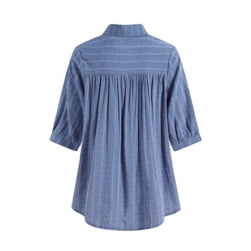 New Vertical Striped Five-quarter Sleeve Shirt Women's Loose Short-sleeved Shirt Summer Middle-aged Women's Top