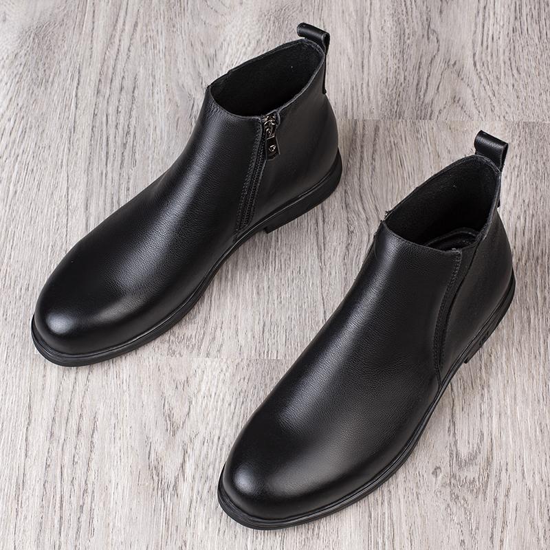 Chelsea Winter Black Mens Boots Genuine Leather Office Boots Fashion Designer Shoes Men Warm Winter Slip-On Cow Leather Footwear