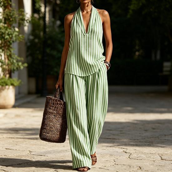 Women's Summer Striped Two Piece Set Sleeveless Halter Neck Top And Long Pants Matching Sets Casual Travel Vacation Outfits