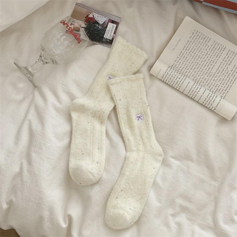 Thickened Point Yarn Australian Velvet Warm Socks Bow Embroidery Korean Sweet Pile Socks
