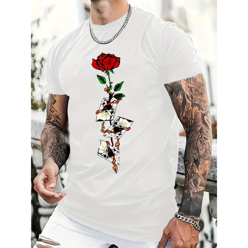 

European sizes Rose Printing Men S Crew Neck Short Sleeve T-shirt, Casual Summer T-Shirt For Daily Wear And Vacation Resorts 4XL білий