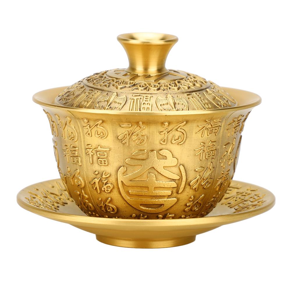 3 Pcs Set Chinese Tea Cup 300ML Brass Relief Fortune Pattern Tea Cup with Lid and Saucer