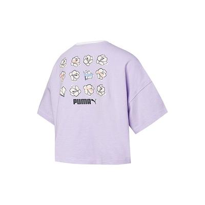 Camiseta Casual Esportiva com Estampa Floral Desenho Animado Gola Redonda Manga Curta Feminina Tops Roxo-Lavanda 532258-16