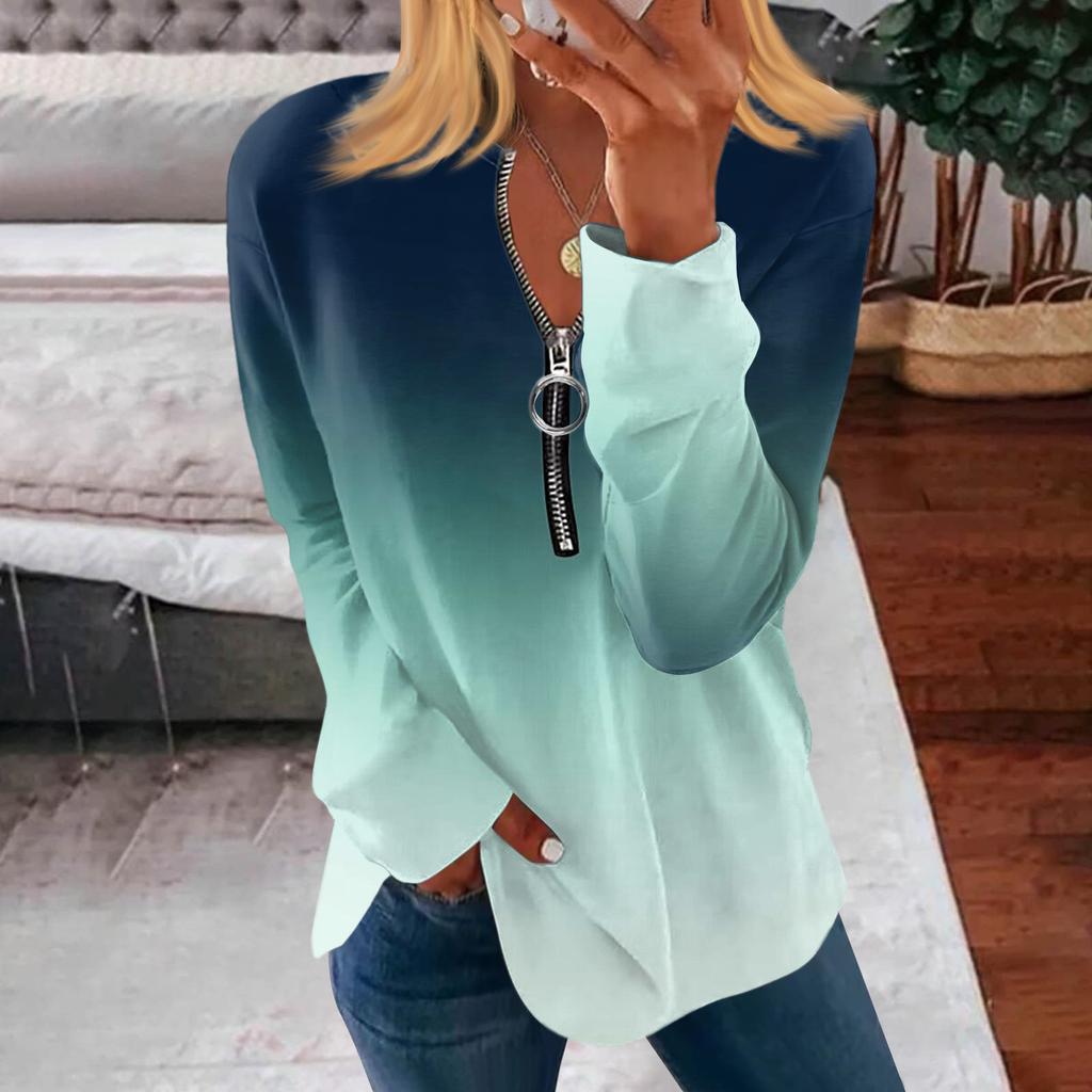 Women's Zipper Round Neck Tops Cotton Blouses Casual Fashion Shirt Tops Women's Casual Long Sleeve Tops