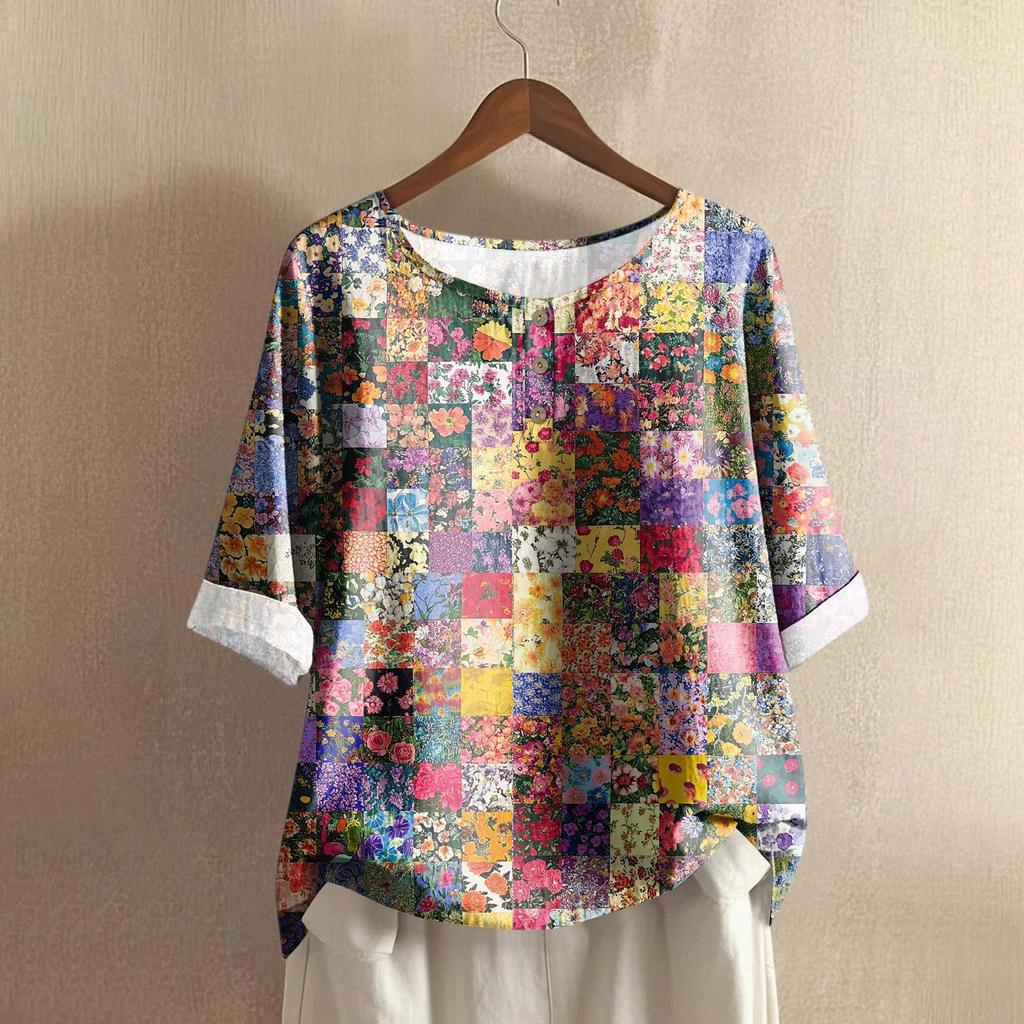 Women's Fashionable And Casual Shirt Half-sleeve Round Neck Print Cotton And Linen Blouse Top