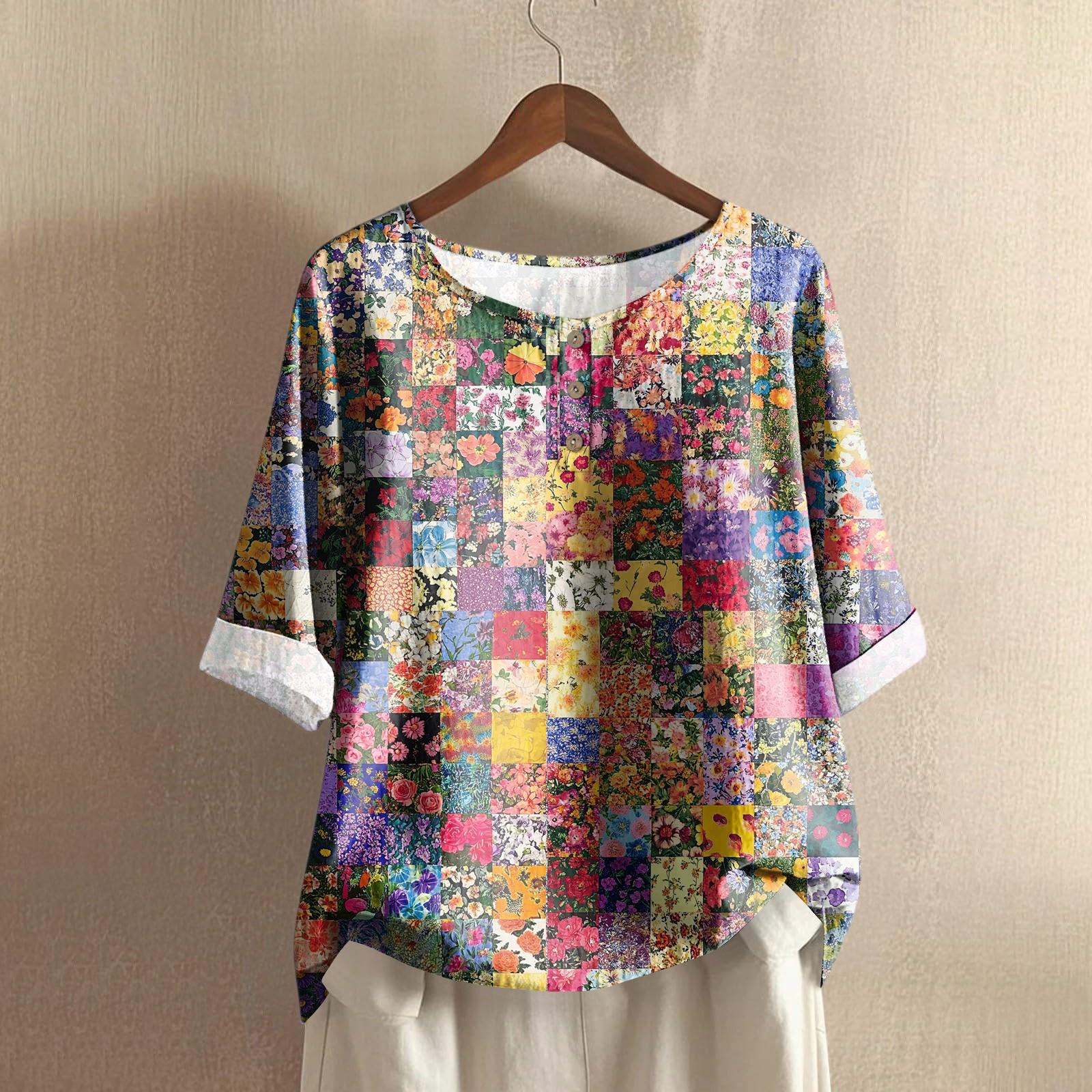 

Женская модная и повседневная рубашка с полурукавом, круглым вырезом, принтом, из хлопка и льна, блузка-топ XL