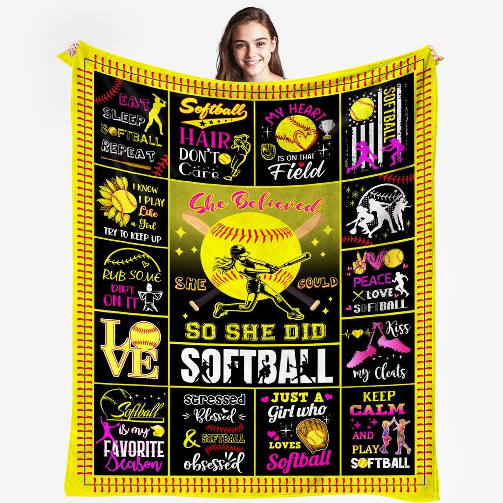 Softball Blanket, Fashion Softball Gifts for Girls Boys Teenagers, Super Soft Warm and Comfortable Throw Blanket for All Season
