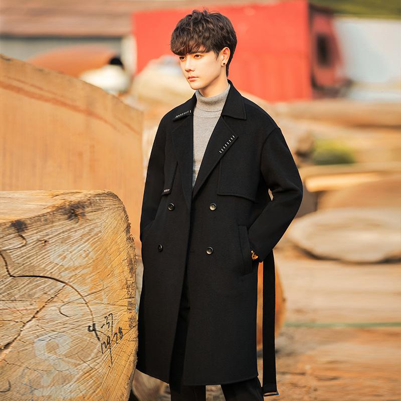 Coat Men's Medium and Long Winter Thickened Warm Cashmere-free Korean Trench Coat Men's Woolen Goods