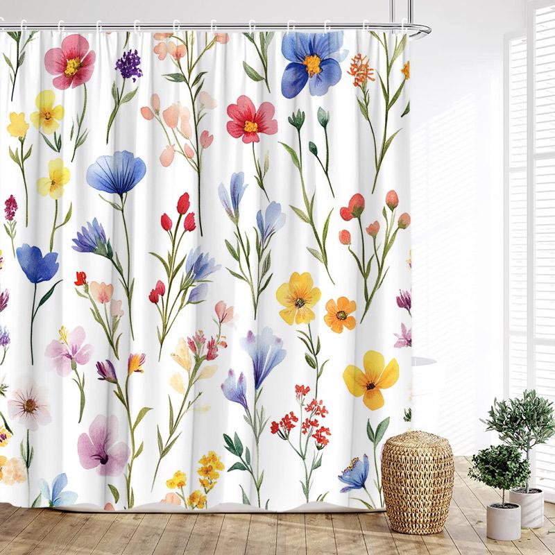 Colorful Floral Shower Curtain Watercolor Flower Leaves Modern Minimalist Bath Curtain Polyester Cloth Bathroom Decor with Hooks