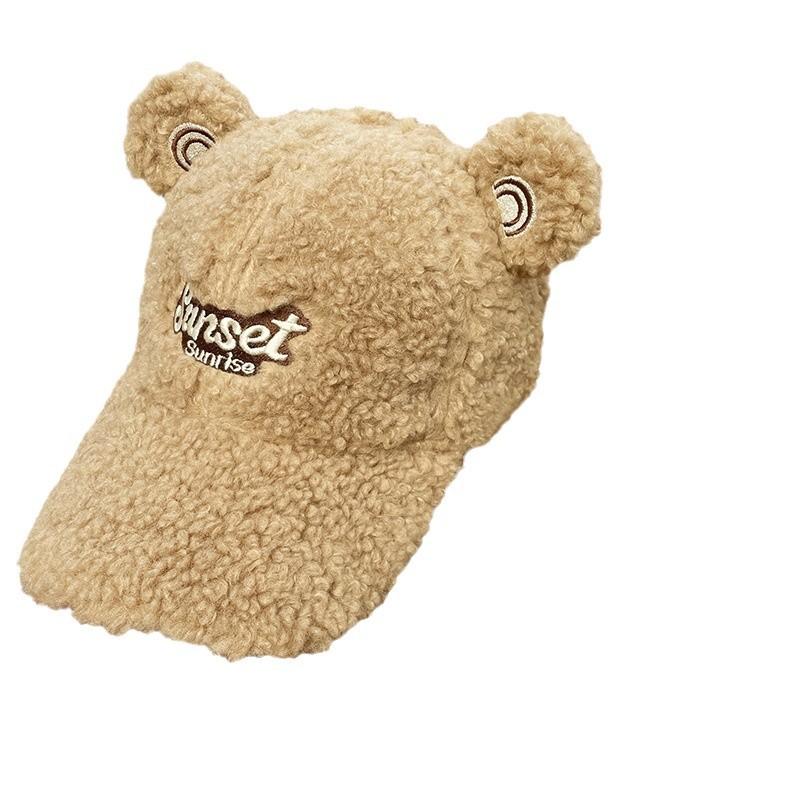 Korean Version Ins Cute Bear Ears Hat Women's Lamb Velvet Letter Embroidered Baseball Cap Winter Warm Peaked Cap