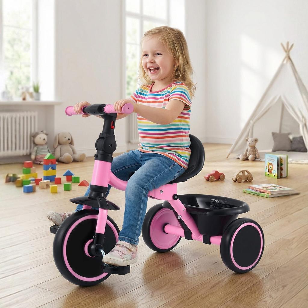 Toddler Tricycle for 2-5 Year Old, Folding Kids Trike with Adjustable Seat, Storage, Carbon Steel Frame, Handlebar Grips for Outdoor Play, Tricycle